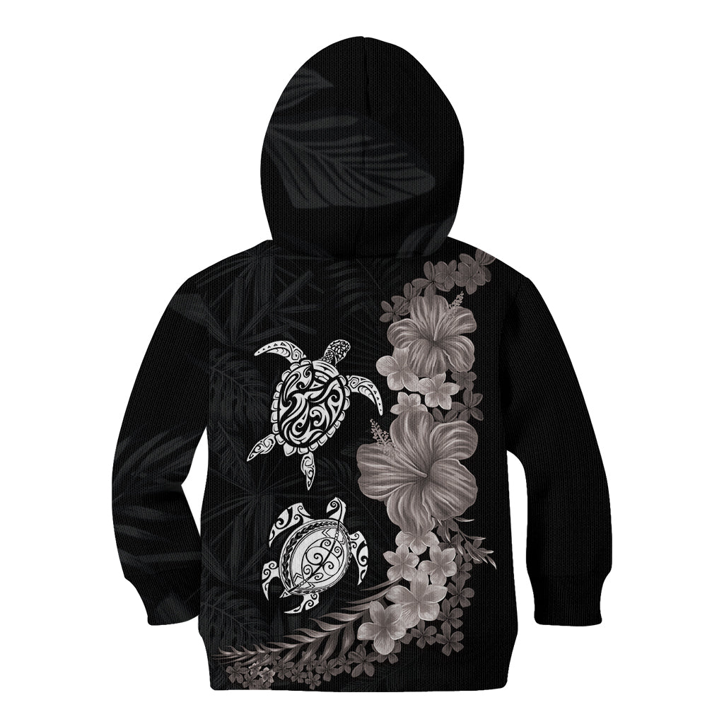 Hawaiian Flower and Tribal Turtle Kid Hoodie Grayscale Mode