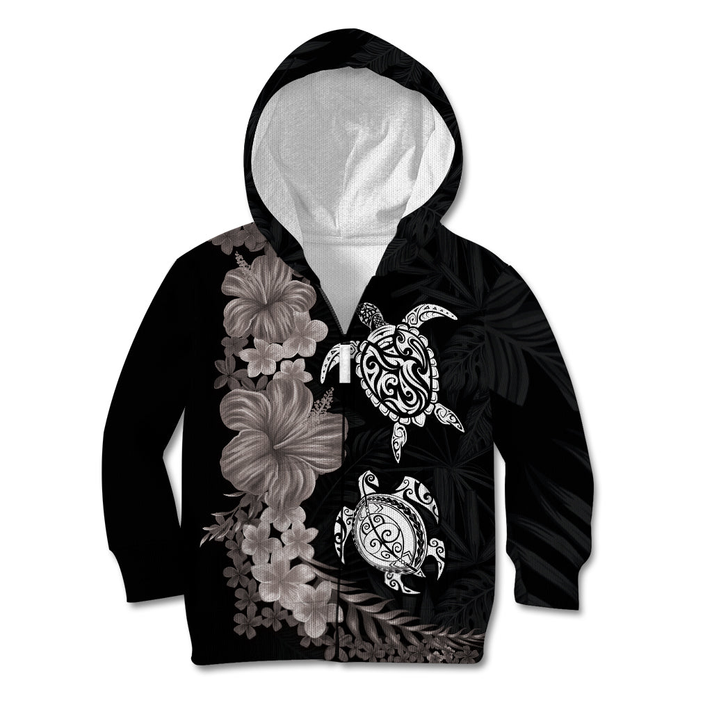 Hawaiian Flower and Tribal Turtle Kid Hoodie Grayscale Mode