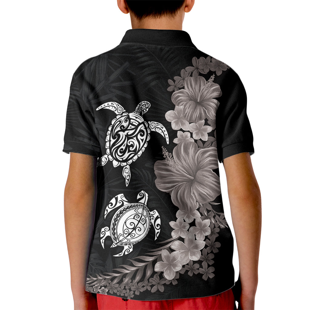 Hawaiian Flower and Tribal Turtle Kid Polo Shirt Grayscale Mode