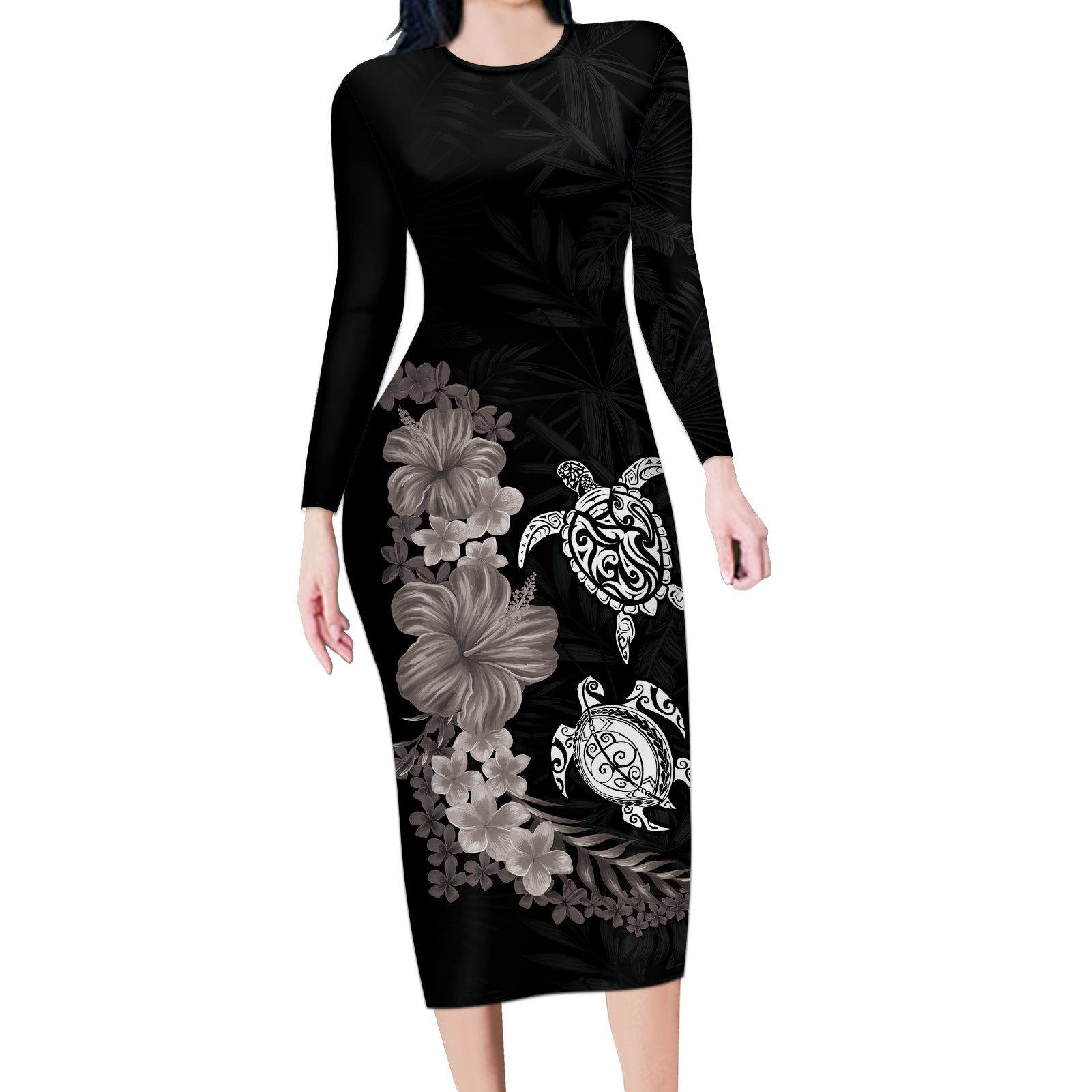 Hawaiian Flower and Tribal Turtle Long Sleeve Bodycon Dress Grayscale Mode