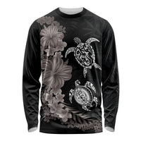 Hawaiian Flower and Tribal Turtle Long Sleeve Shirt Grayscale Mode LT03 Unisex Black - Polynesian Pride
