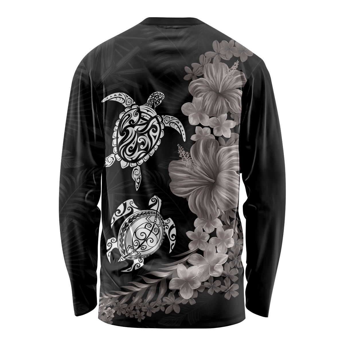 Hawaiian Flower and Tribal Turtle Long Sleeve Shirt Grayscale Mode LT03 - Polynesian Pride