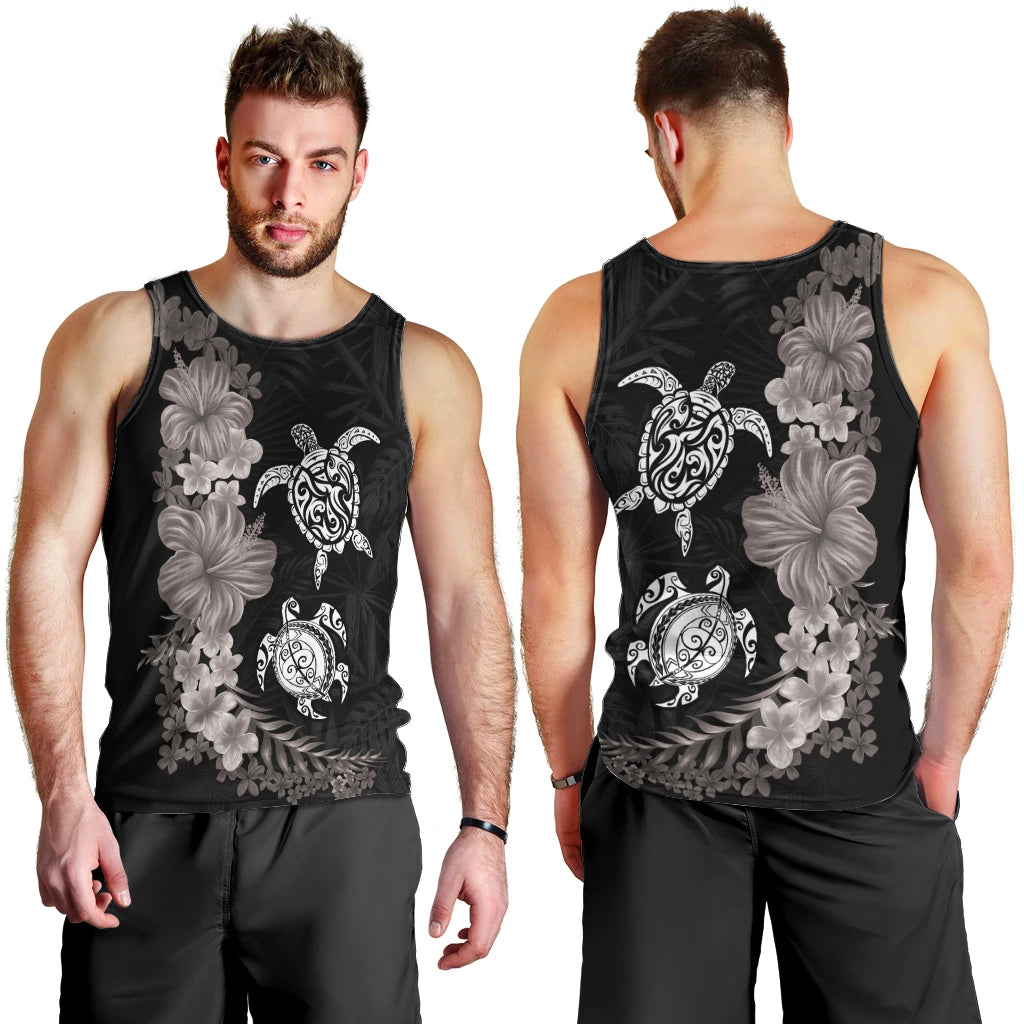 Hawaiian Flower and Tribal Turtle Men Tank Top Grayscale Mode