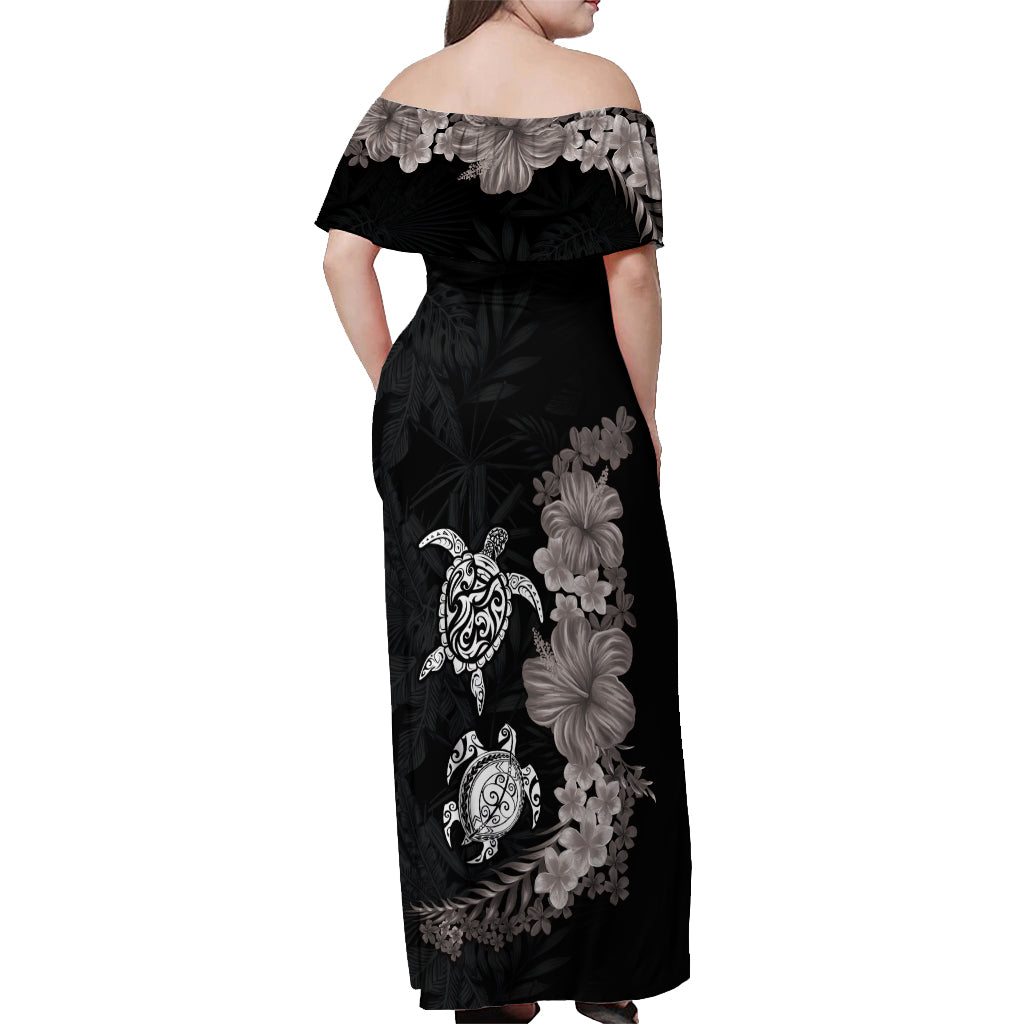 Hawaiian Flower and Tribal Turtle Off Shoulder Maxi Dress Grayscale Mode