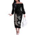 Hawaiian Flower and Tribal Turtle Off The Shoulder Long Sleeve Dress Grayscale Mode