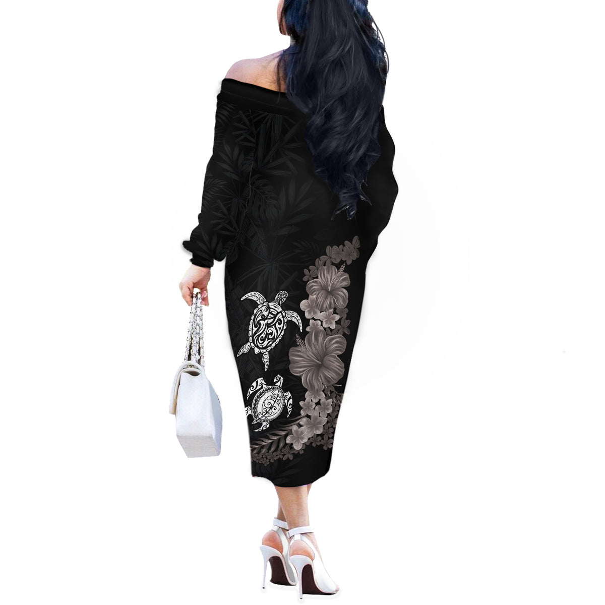 Hawaiian Flower and Tribal Turtle Off The Shoulder Long Sleeve Dress Grayscale Mode