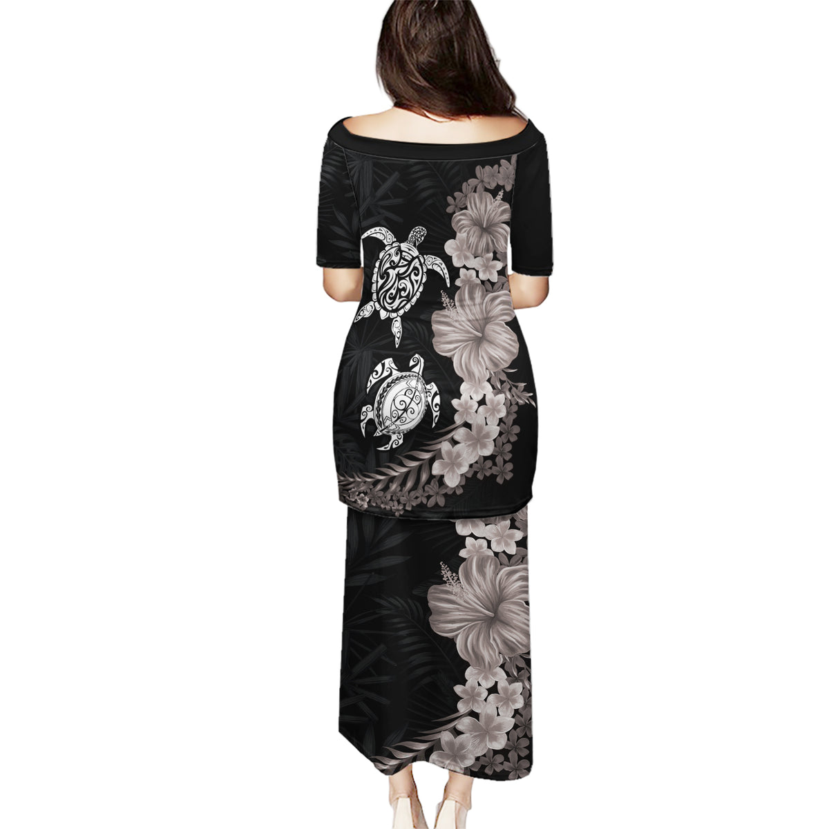 Hawaiian Flower and Tribal Turtle Puletasi Grayscale Mode