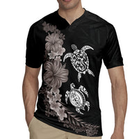 Hawaiian Flower and Tribal Turtle Rugby Jersey Grayscale Mode