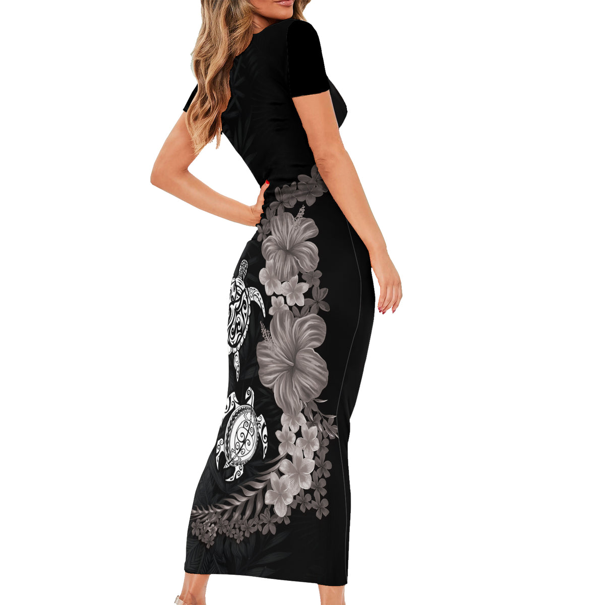 Hawaiian Flower and Tribal Turtle Short Sleeve Bodycon Dress Grayscale Mode