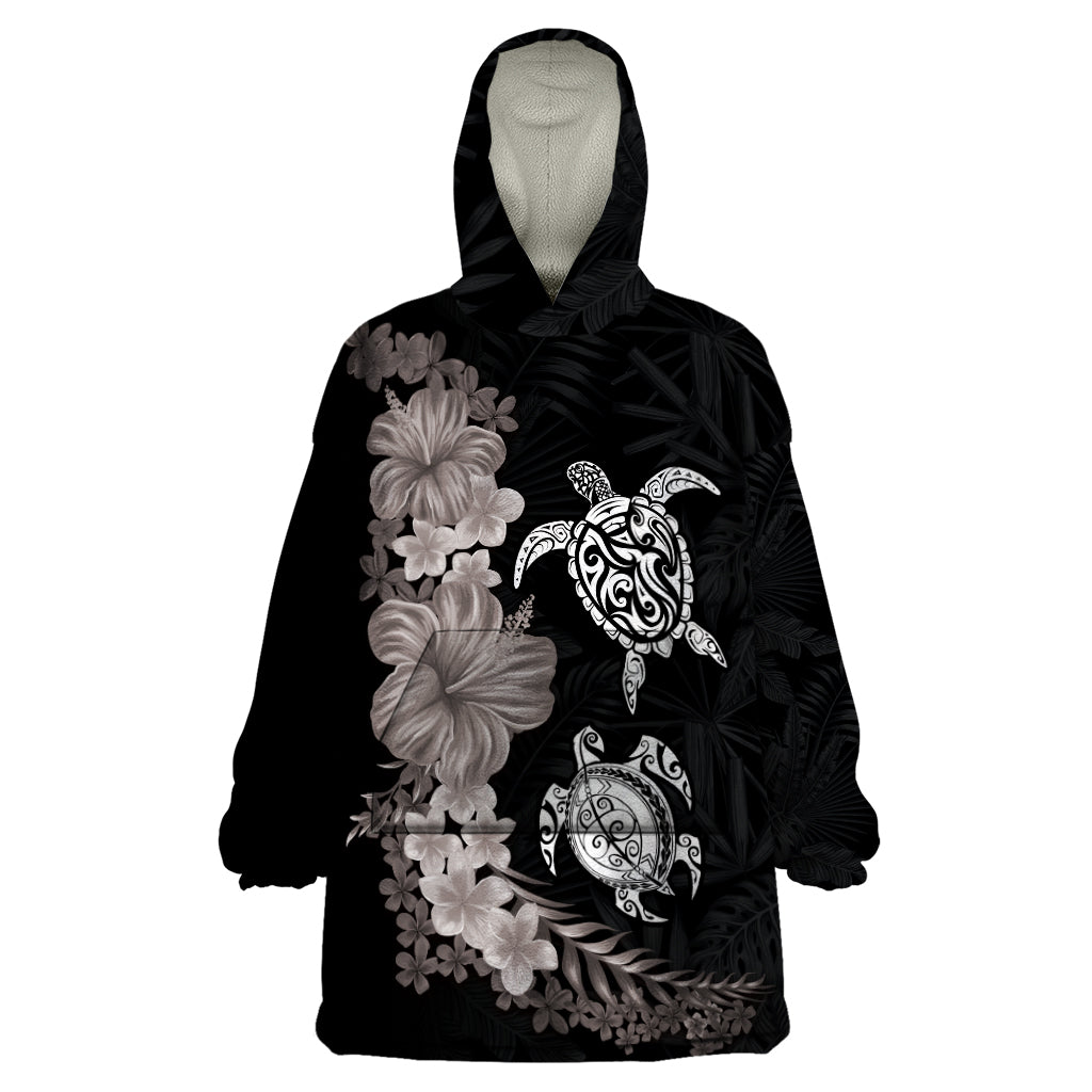 Hawaiian Flower and Tribal Turtle Wearable Blanket Hoodie Grayscale Mode LT03 One Size Black - Polynesian Pride