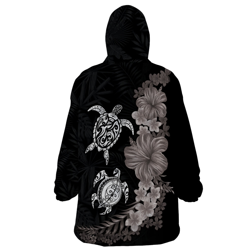 Hawaiian Flower and Tribal Turtle Wearable Blanket Hoodie Grayscale Mode