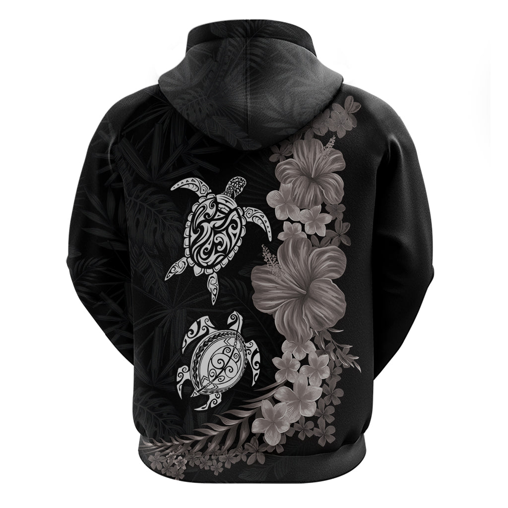 Hawaiian Flower and Tribal Turtle Zip Hoodie Grayscale Mode