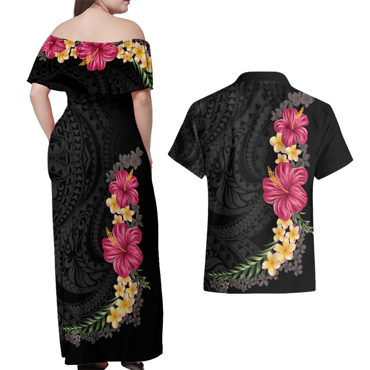 Hawaiian Plumeria and Hibiscus Couples Matching Off Shoulder Maxi Dress and Hawaiian Shirt Colorful Style