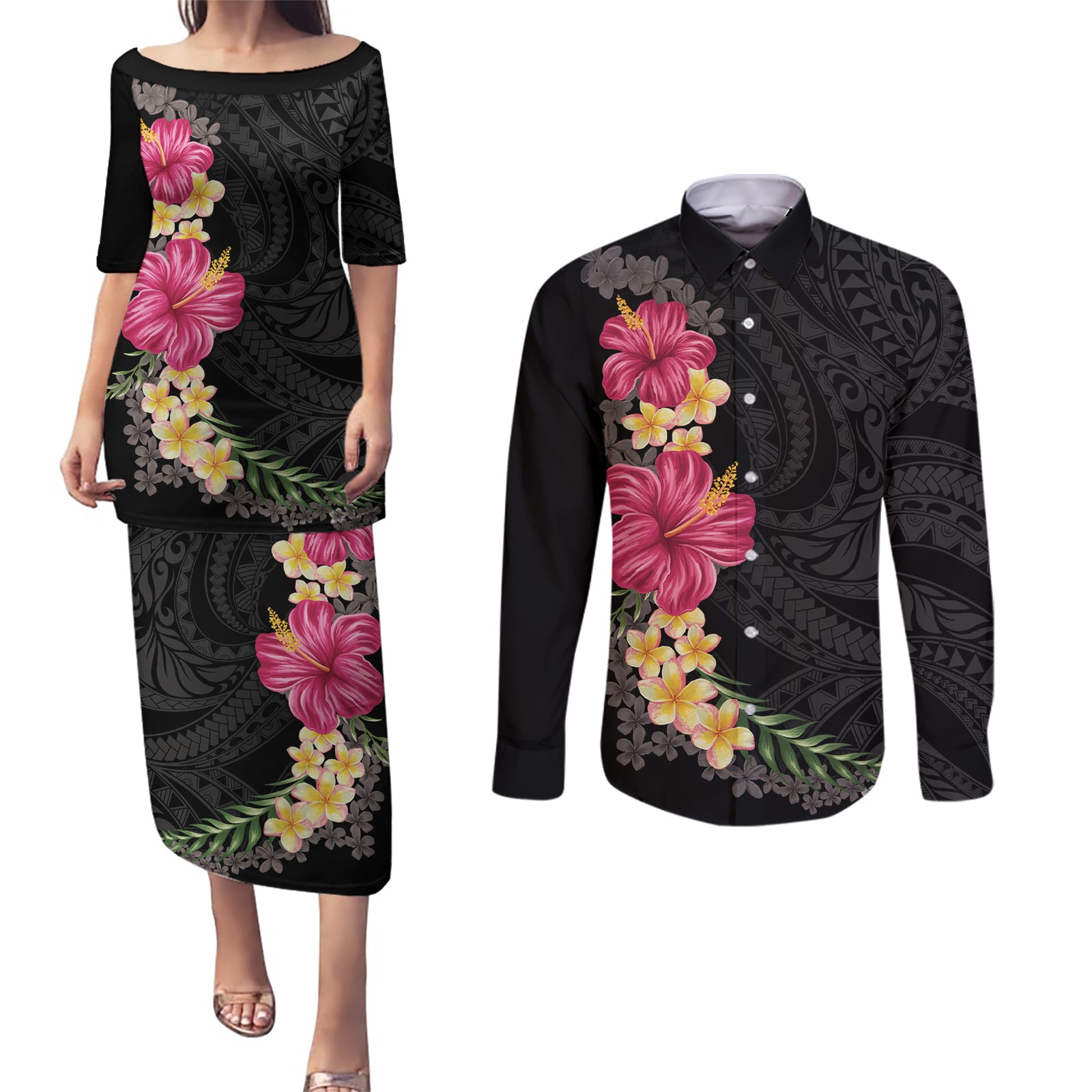 Hawaiian Plumeria and Hibiscus Couples Matching Puletasi and Long Sleeve Button Shirt Colorful Style