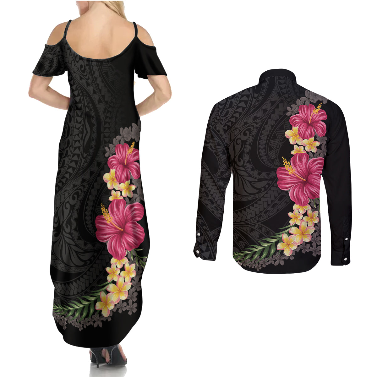 Hawaiian Plumeria and Hibiscus Couples Matching Summer Maxi Dress and Long Sleeve Button Shirt Colorful Style