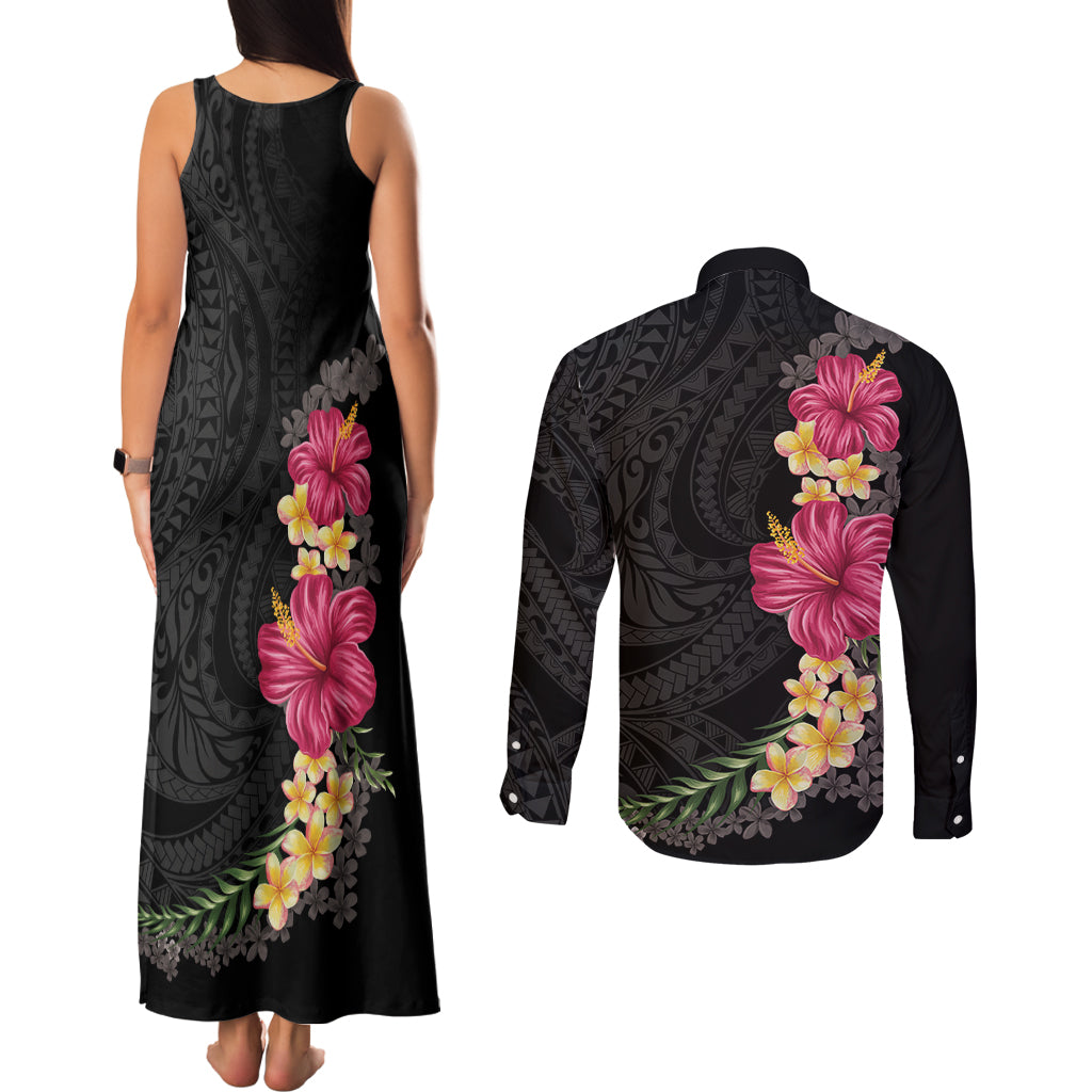 Hawaiian Plumeria and Hibiscus Couples Matching Tank Maxi Dress and Long Sleeve Button Shirt Colorful Style