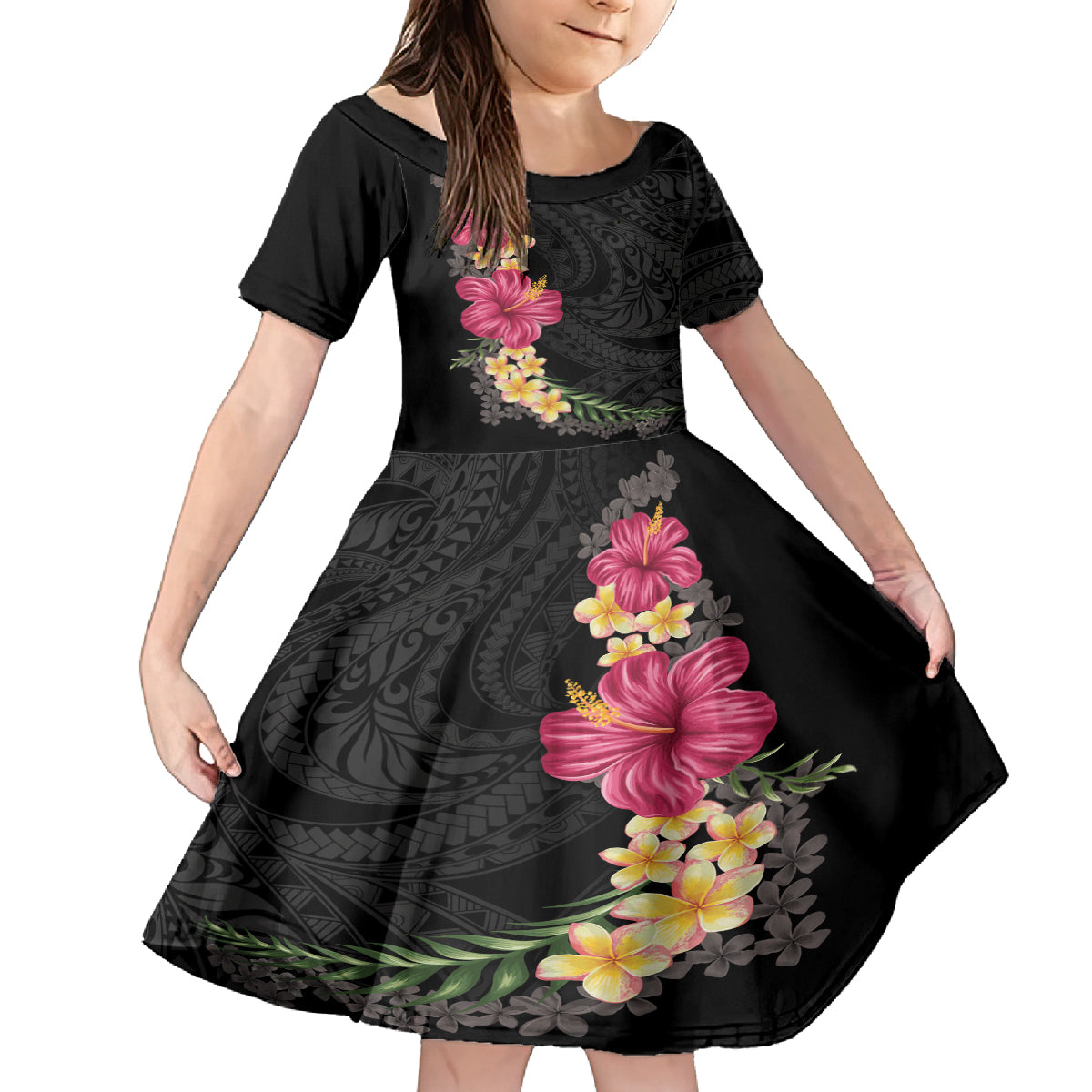 Hawaiian Plumeria and Hibiscus Family Matching Off The Shoulder Long Sleeve Dress and Hawaiian Shirt Colorful Style LT03 Daughter's Dress Black - Polynesian Pride