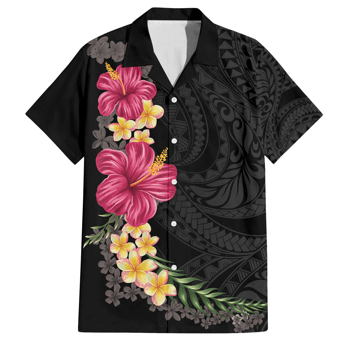 Hawaiian Plumeria and Hibiscus Family Matching Off The Shoulder Long Sleeve Dress and Hawaiian Shirt Colorful Style LT03 Dad's Shirt - Short Sleeve Black - Polynesian Pride