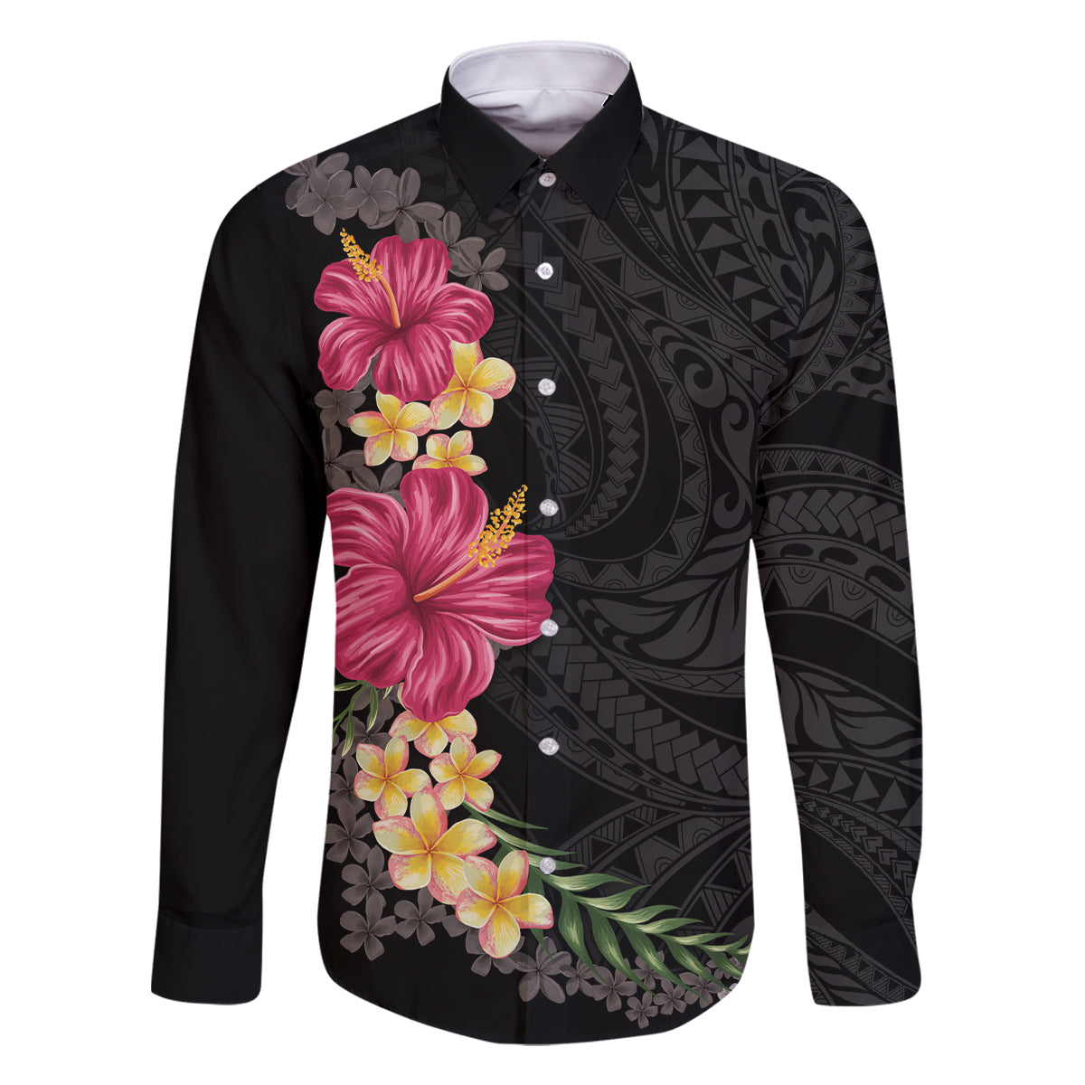 Hawaiian Plumeria and Hibiscus Family Matching Off The Shoulder Long Sleeve Dress and Hawaiian Shirt Colorful Style LT03 Dad's Shirt - Long Sleeve Black - Polynesian Pride
