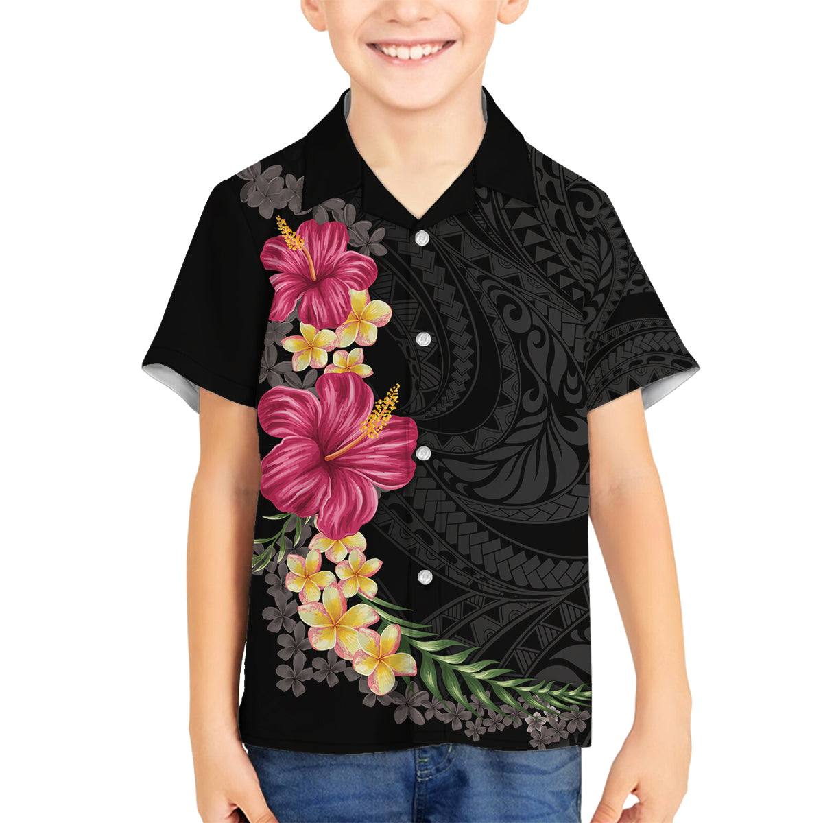 Hawaiian Plumeria and Hibiscus Family Matching Off The Shoulder Long Sleeve Dress and Hawaiian Shirt Colorful Style LT03 Son's Shirt Black - Polynesian Pride