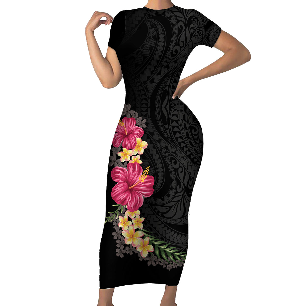 Hawaiian Plumeria and Hibiscus Family Matching Short Sleeve Bodycon Dress and Hawaiian Shirt Colorful Style