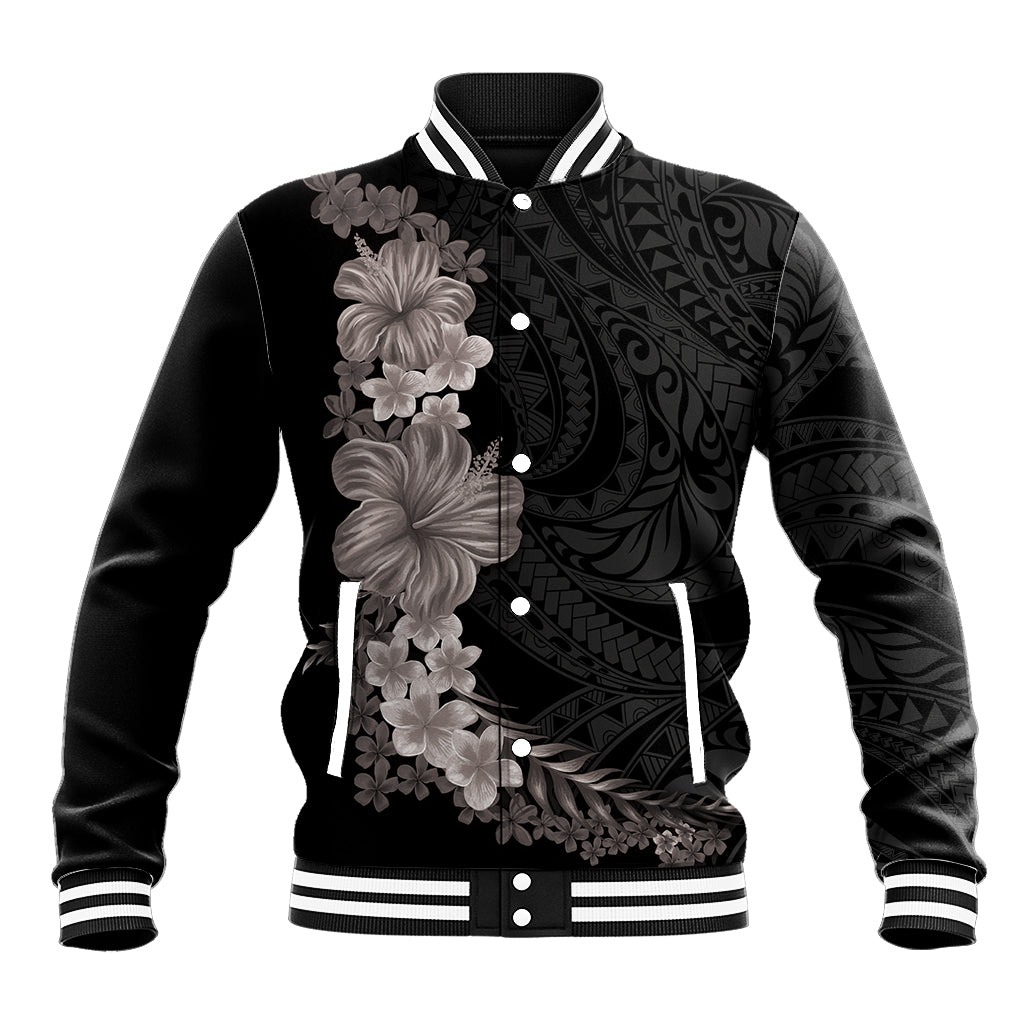 Hawaiian Plumeria and Hibiscus Baseball Jacket Grayscale Mode
