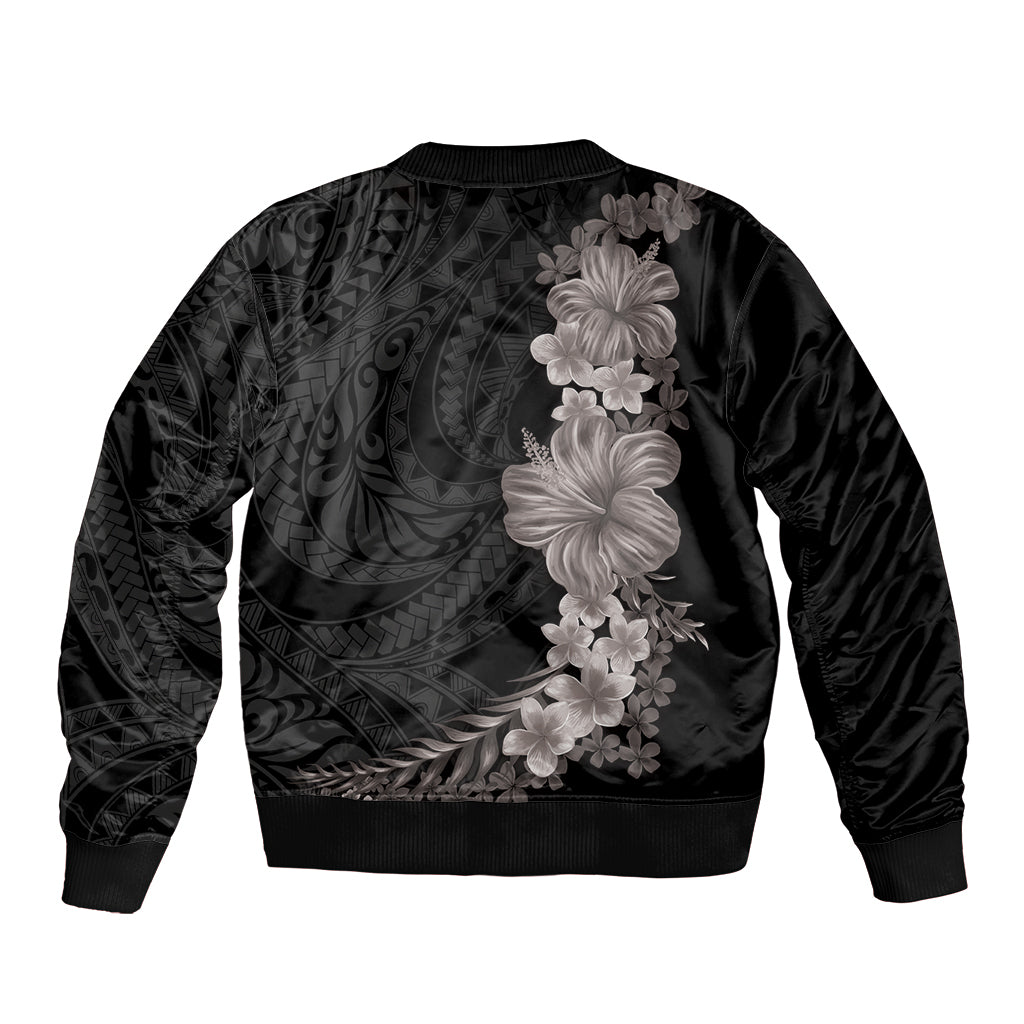 Hawaiian Plumeria and Hibiscus Bomber Jacket Grayscale Mode