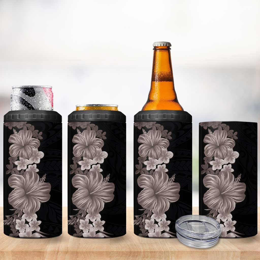 Hawaiian Plumeria and Hibiscus 4 in 1 Can Cooler Tumbler Grayscale Mode