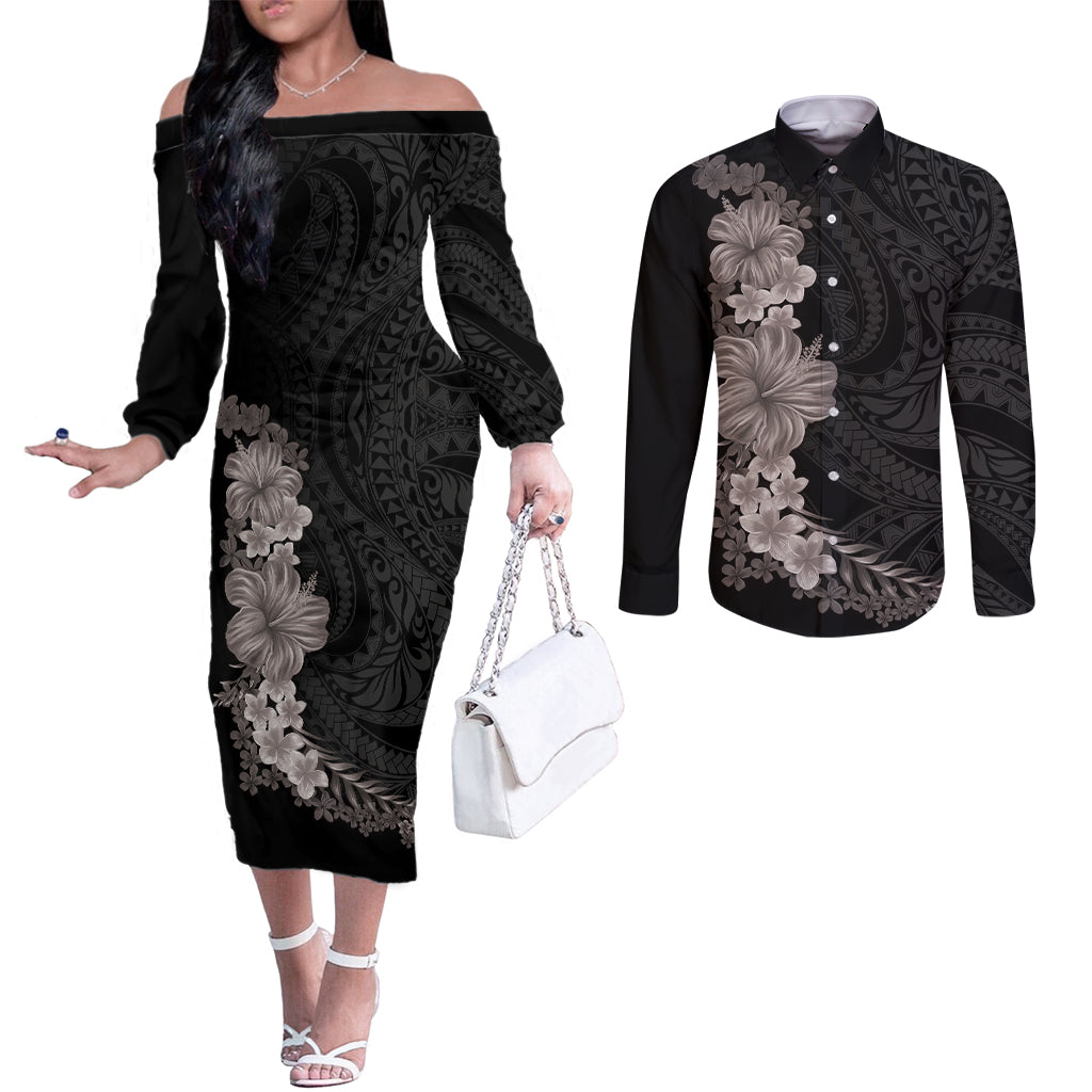 Hawaiian Plumeria and Hibiscus Couples Matching Off The Shoulder Long Sleeve Dress and Long Sleeve Button Shirt Grayscale Mode