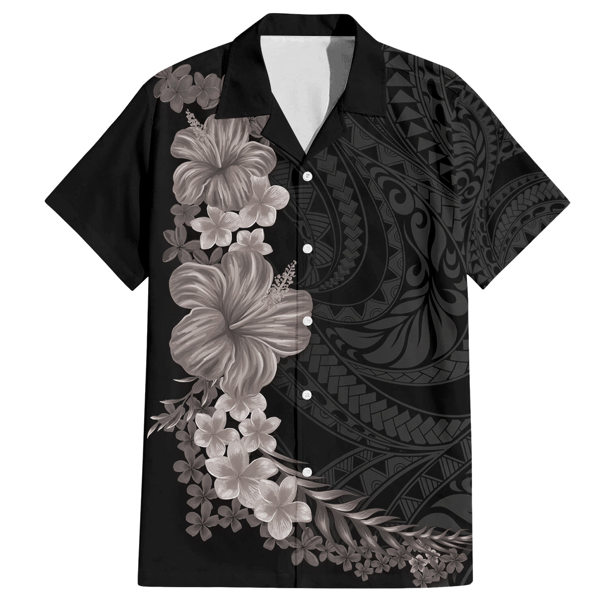 Hawaiian Plumeria and Hibiscus Family Matching Off The Shoulder Long Sleeve Dress and Hawaiian Shirt Grayscale Mode LT03 Dad's Shirt - Short Sleeve Black - Polynesian Pride