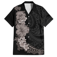 Hawaiian Plumeria and Hibiscus Family Matching Off The Shoulder Long Sleeve Dress and Hawaiian Shirt Grayscale Mode LT03 Dad's Shirt - Short Sleeve Black - Polynesian Pride