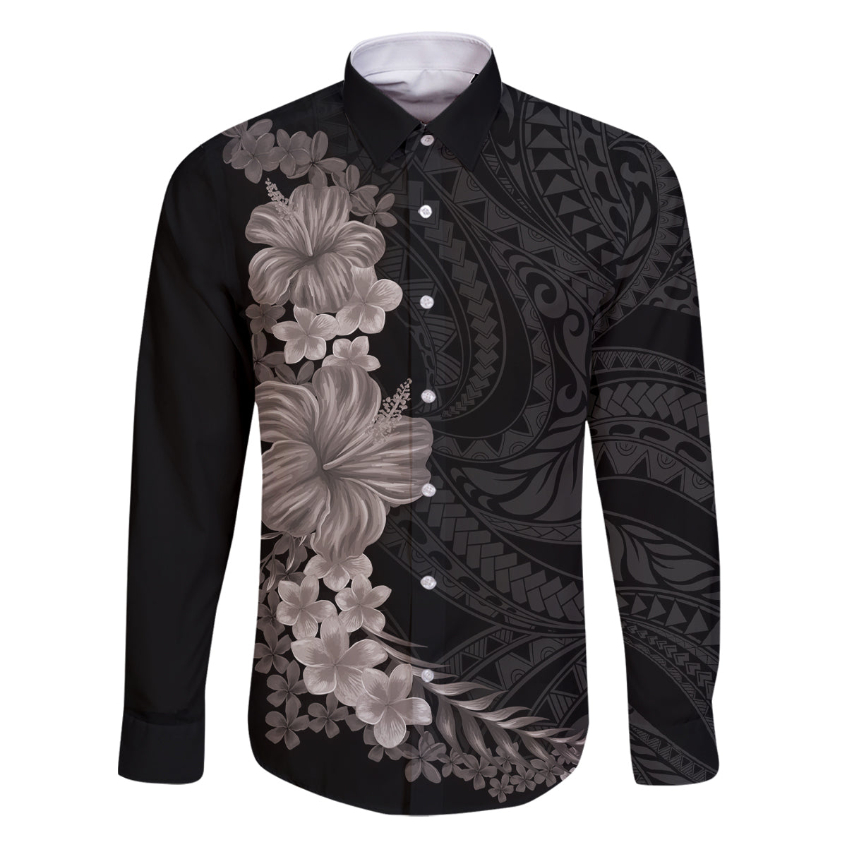 Hawaiian Plumeria and Hibiscus Family Matching Off The Shoulder Long Sleeve Dress and Hawaiian Shirt Grayscale Mode LT03 Dad's Shirt - Long Sleeve Black - Polynesian Pride