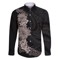 Hawaiian Plumeria and Hibiscus Family Matching Off The Shoulder Long Sleeve Dress and Hawaiian Shirt Grayscale Mode LT03 Dad's Shirt - Long Sleeve Black - Polynesian Pride
