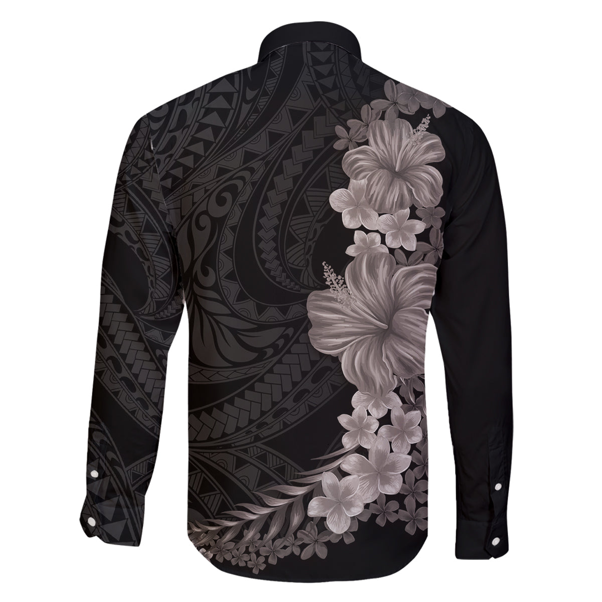 Hawaiian Plumeria and Hibiscus Family Matching Off The Shoulder Long Sleeve Dress and Hawaiian Shirt Grayscale Mode LT03 - Polynesian Pride