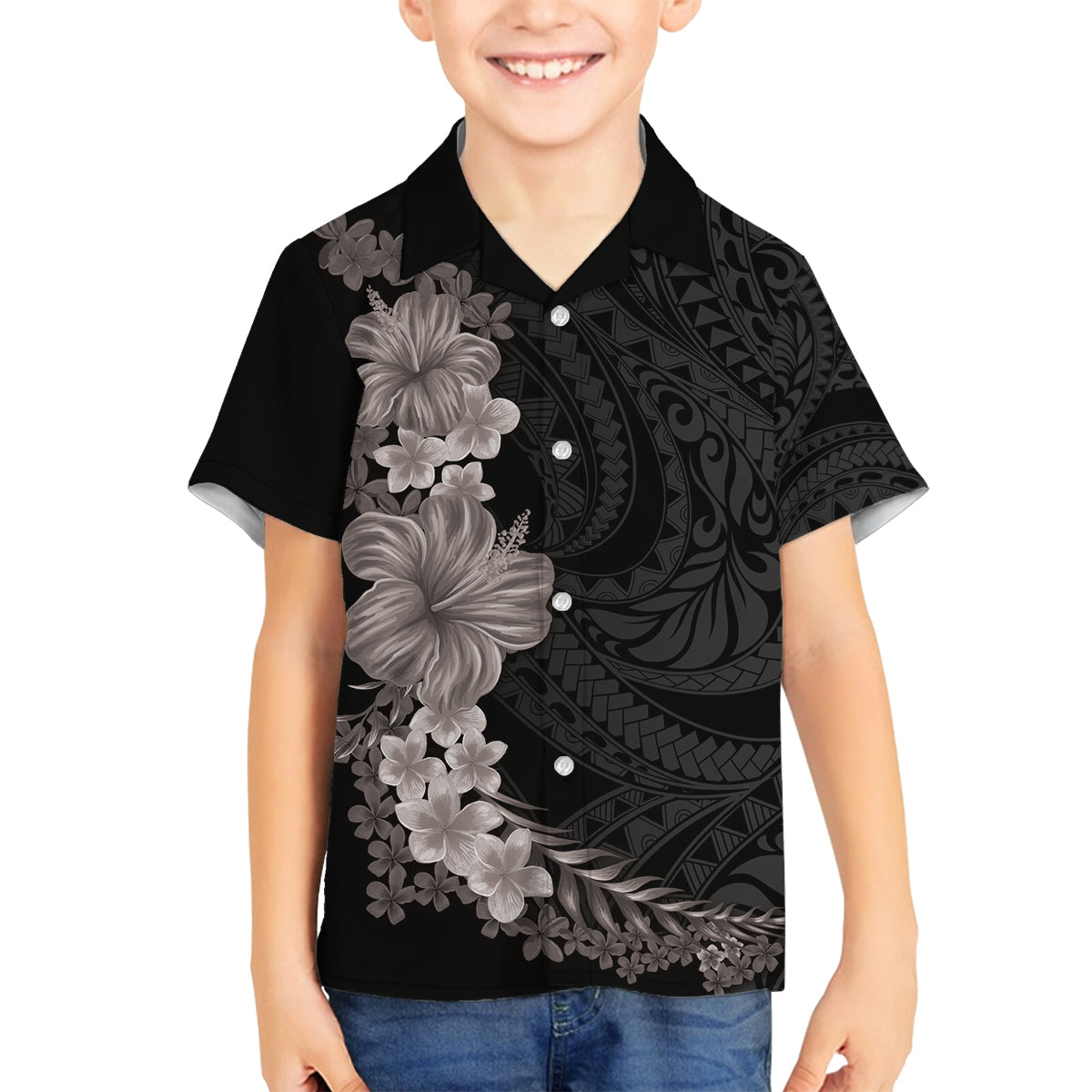 Hawaiian Plumeria and Hibiscus Family Matching Off The Shoulder Long Sleeve Dress and Hawaiian Shirt Grayscale Mode LT03 Son's Shirt Black - Polynesian Pride