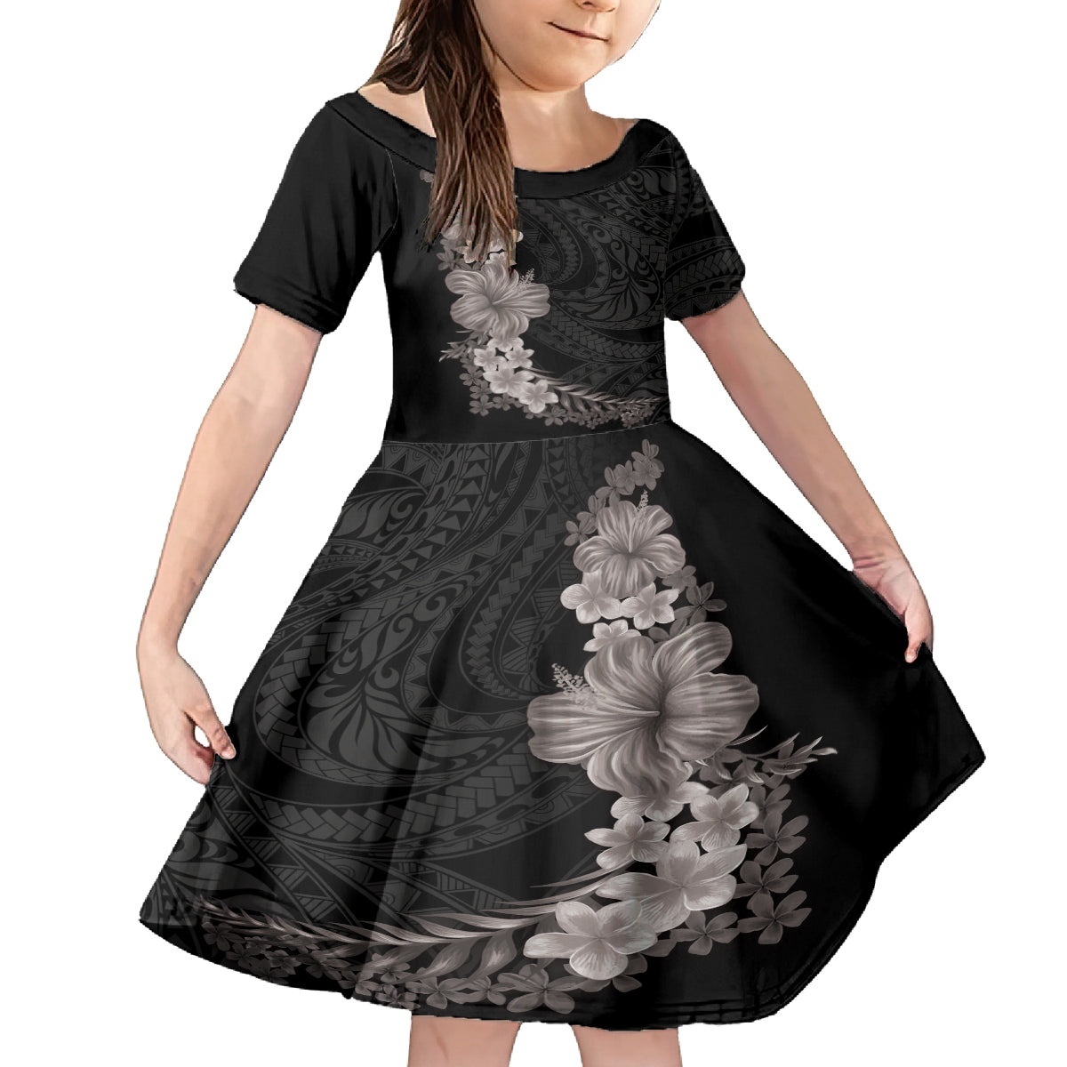Hawaiian Plumeria and Hibiscus Family Matching Off Shoulder Short Dress and Hawaiian Shirt Grayscale Mode LT03 Daughter's Dress Black - Polynesian Pride
