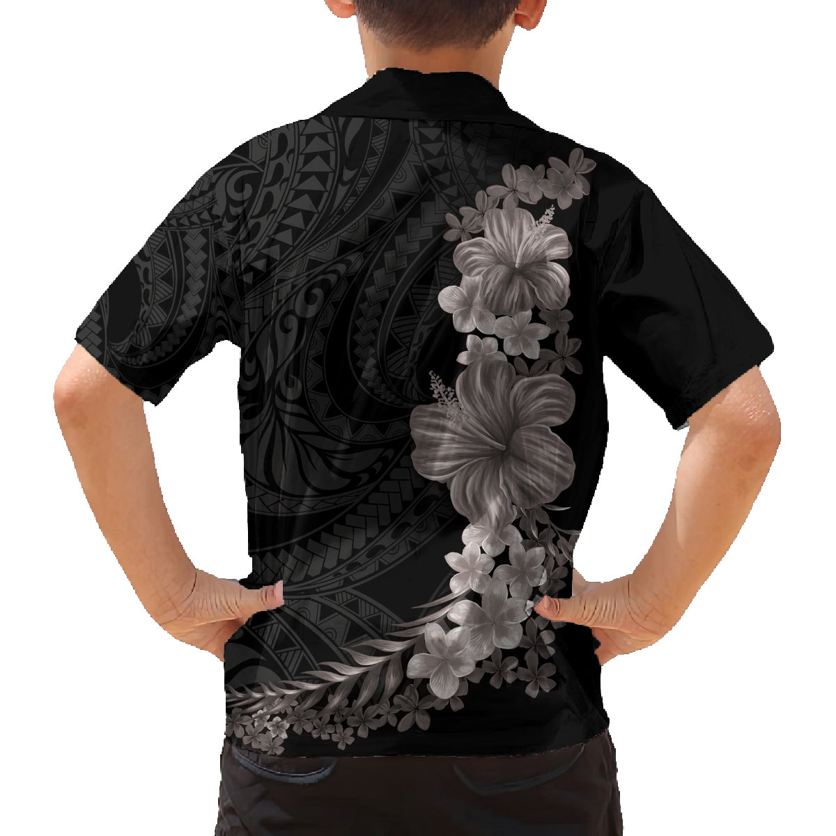 Hawaiian Plumeria and Hibiscus Family Matching Summer Maxi Dress and Hawaiian Shirt Grayscale Mode