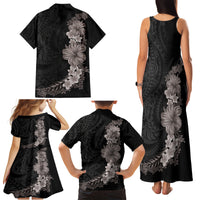 Hawaiian Plumeria and Hibiscus Family Matching Tank Maxi Dress and Hawaiian Shirt Grayscale Mode