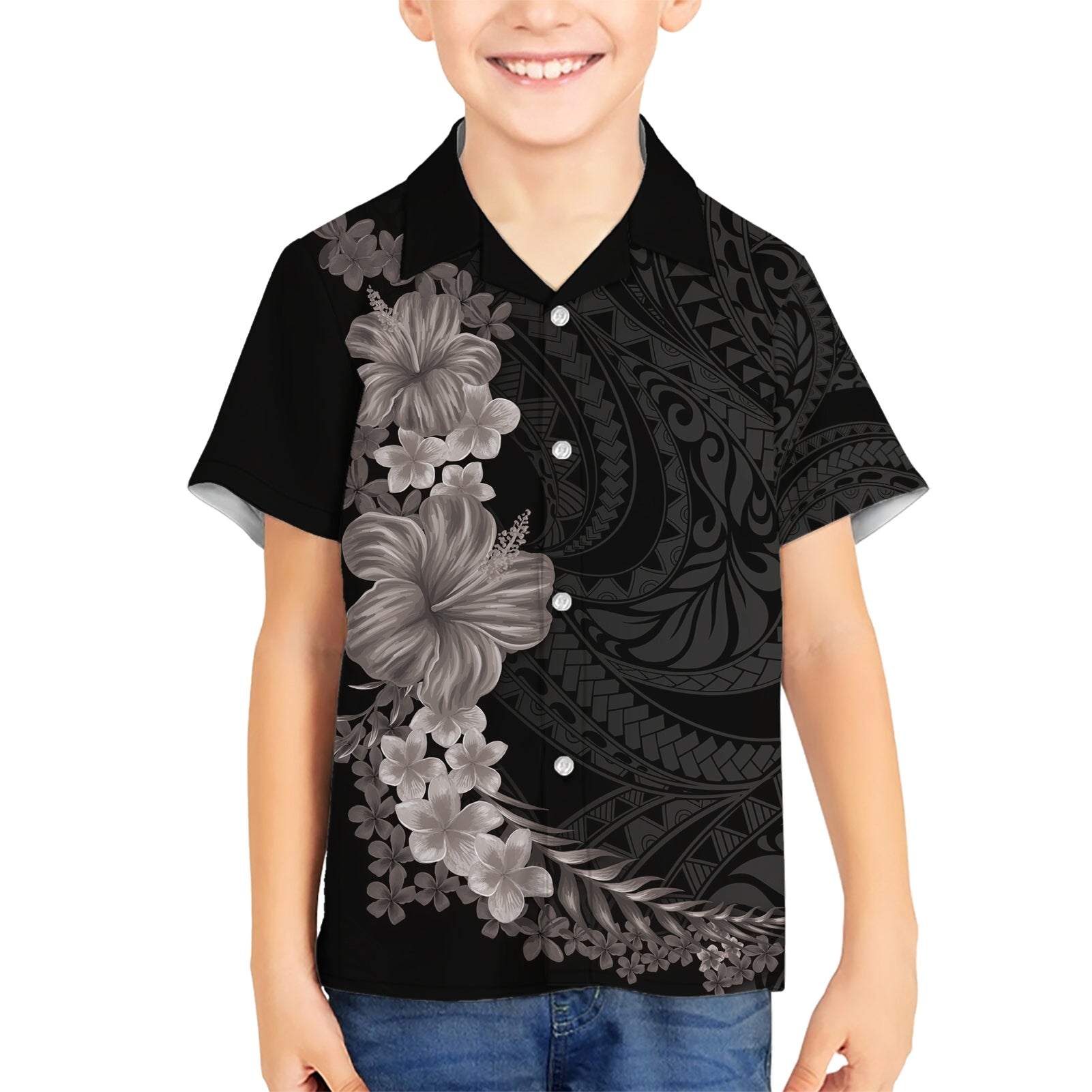 Hawaiian Plumeria and Hibiscus Kid Hawaiian Shirt Grayscale Mode