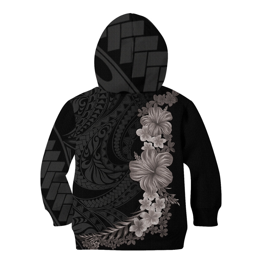 Hawaiian Plumeria and Hibiscus Kid Hoodie Grayscale Mode