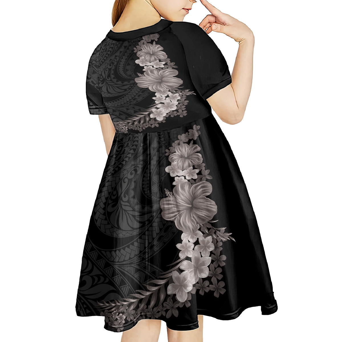 Hawaiian Plumeria and Hibiscus Kid Short Sleeve Dress Grayscale Mode