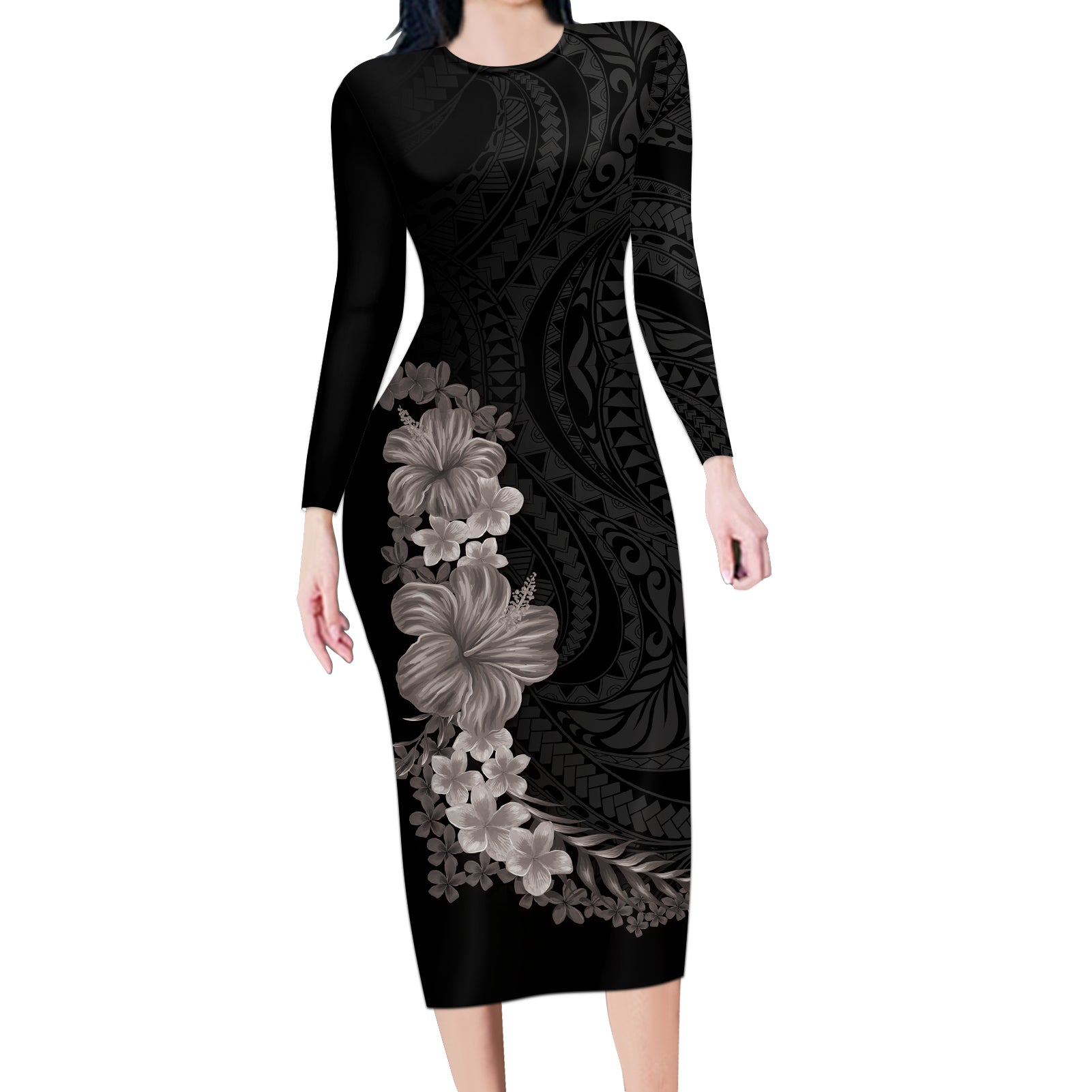 Hawaiian Plumeria and Hibiscus Long Sleeve Bodycon Dress Grayscale Mode