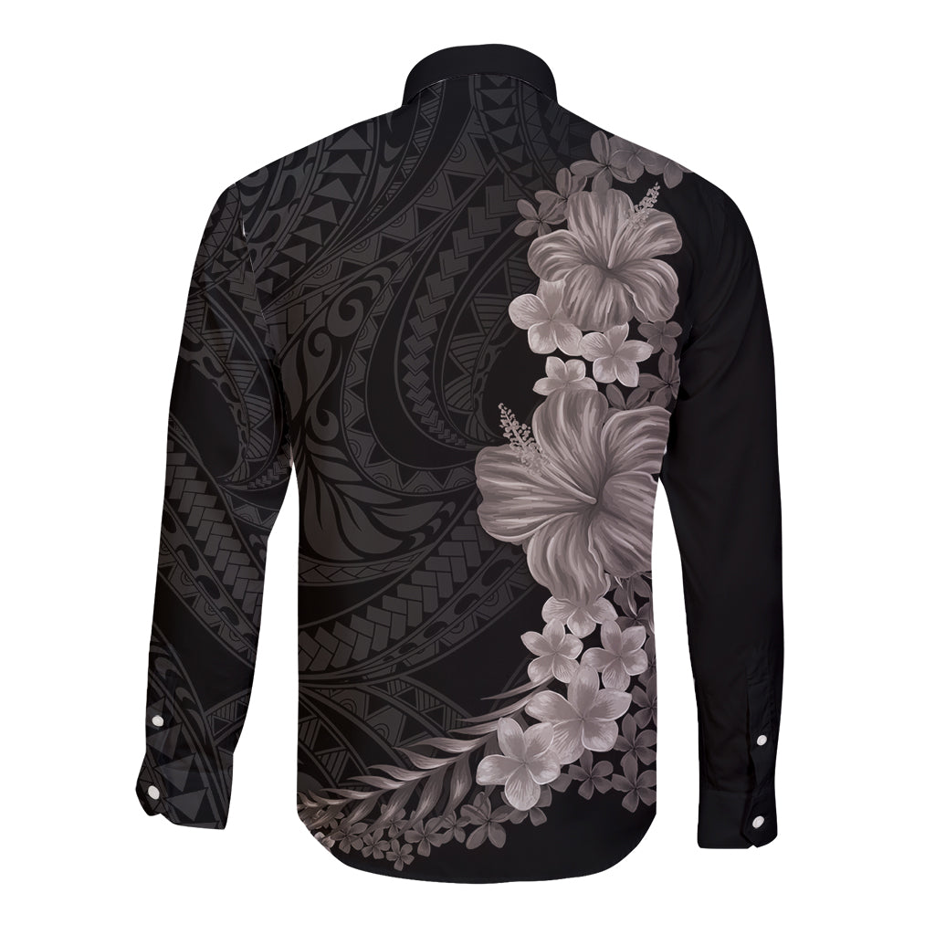 Hawaiian Plumeria and Hibiscus Long Sleeve Button Shirt Grayscale Mode