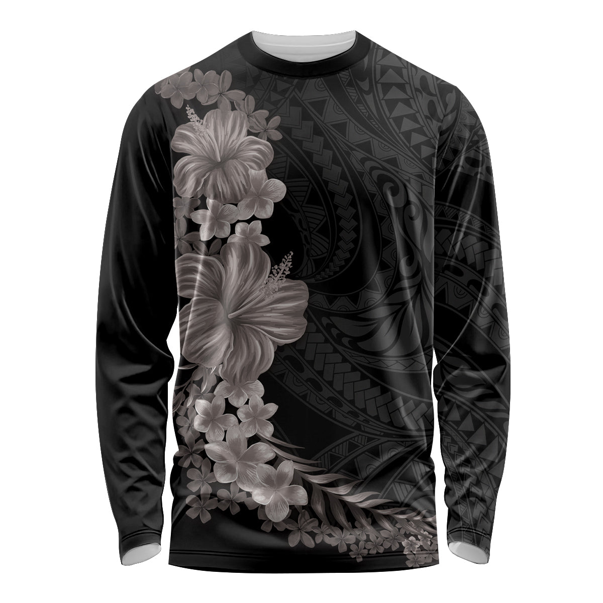 Hawaiian Plumeria and Hibiscus Long Sleeve Shirt Grayscale Mode LT03 Unisex Black - Polynesian Pride