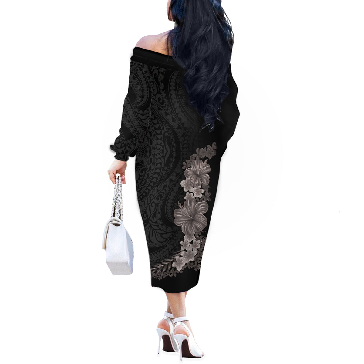 Hawaiian Plumeria and Hibiscus Off The Shoulder Long Sleeve Dress Grayscale Mode