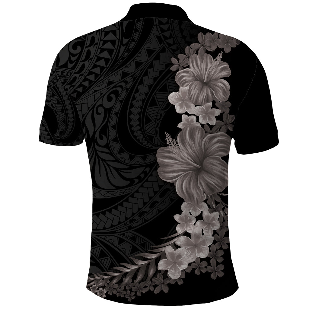 Hawaiian Plumeria and Hibiscus Polo Shirt Grayscale Mode