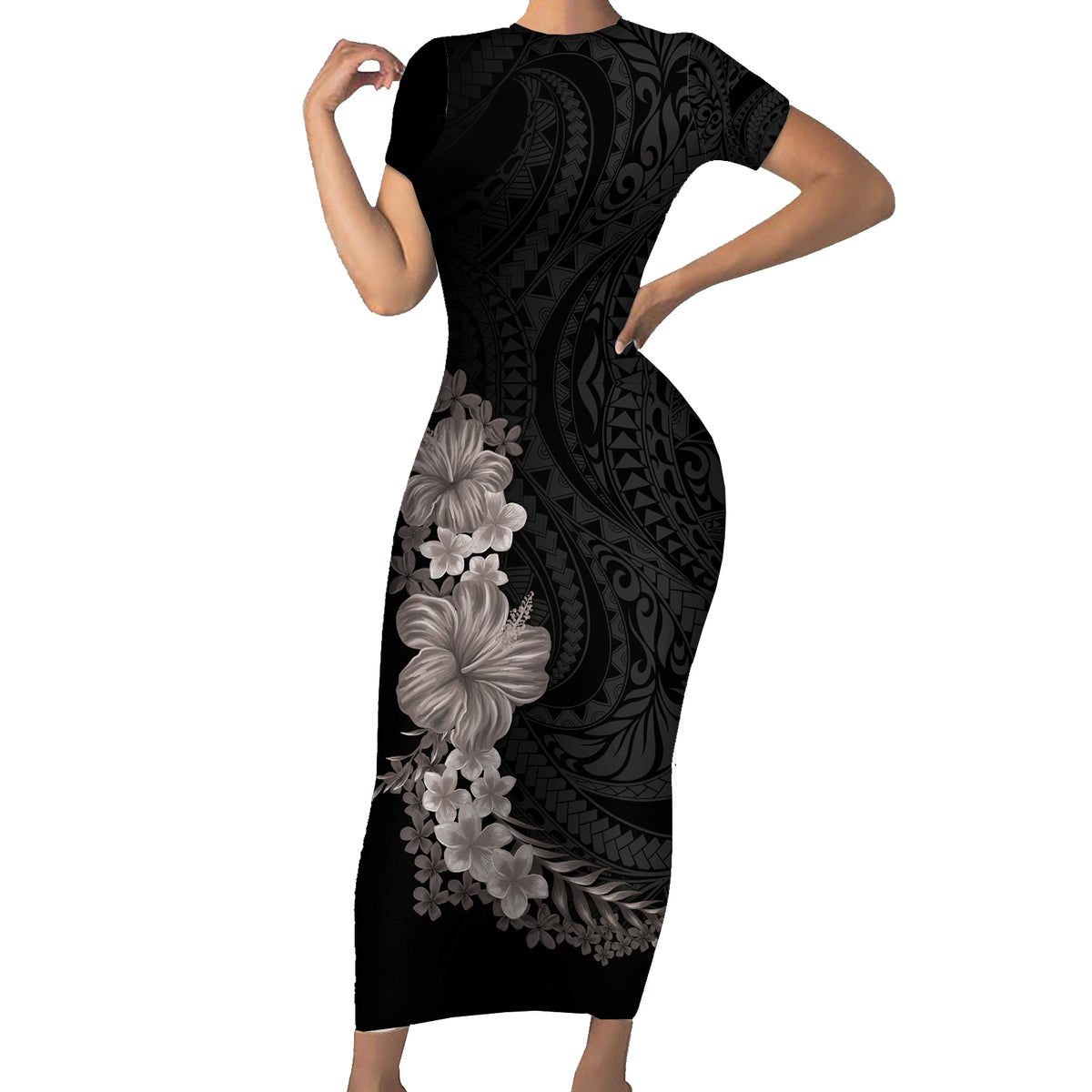 Hawaiian Plumeria and Hibiscus Short Sleeve Bodycon Dress Grayscale Mo