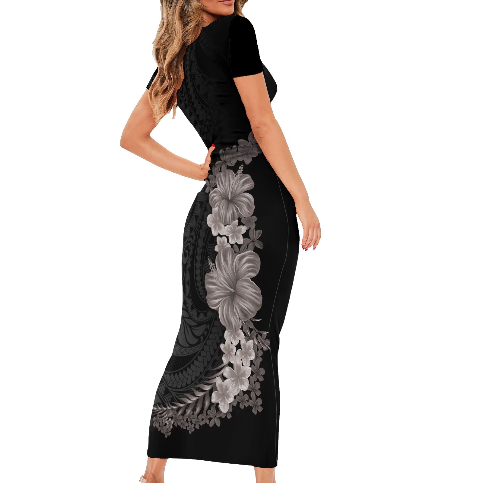 Hawaiian Plumeria and Hibiscus Short Sleeve Bodycon Dress Grayscale Mode LT03 - Polynesian Pride
