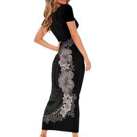 Hawaiian Plumeria and Hibiscus Short Sleeve Bodycon Dress Grayscale Mode