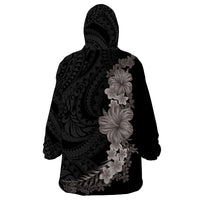 Hawaiian Plumeria and Hibiscus Wearable Blanket Hoodie Grayscale Mode